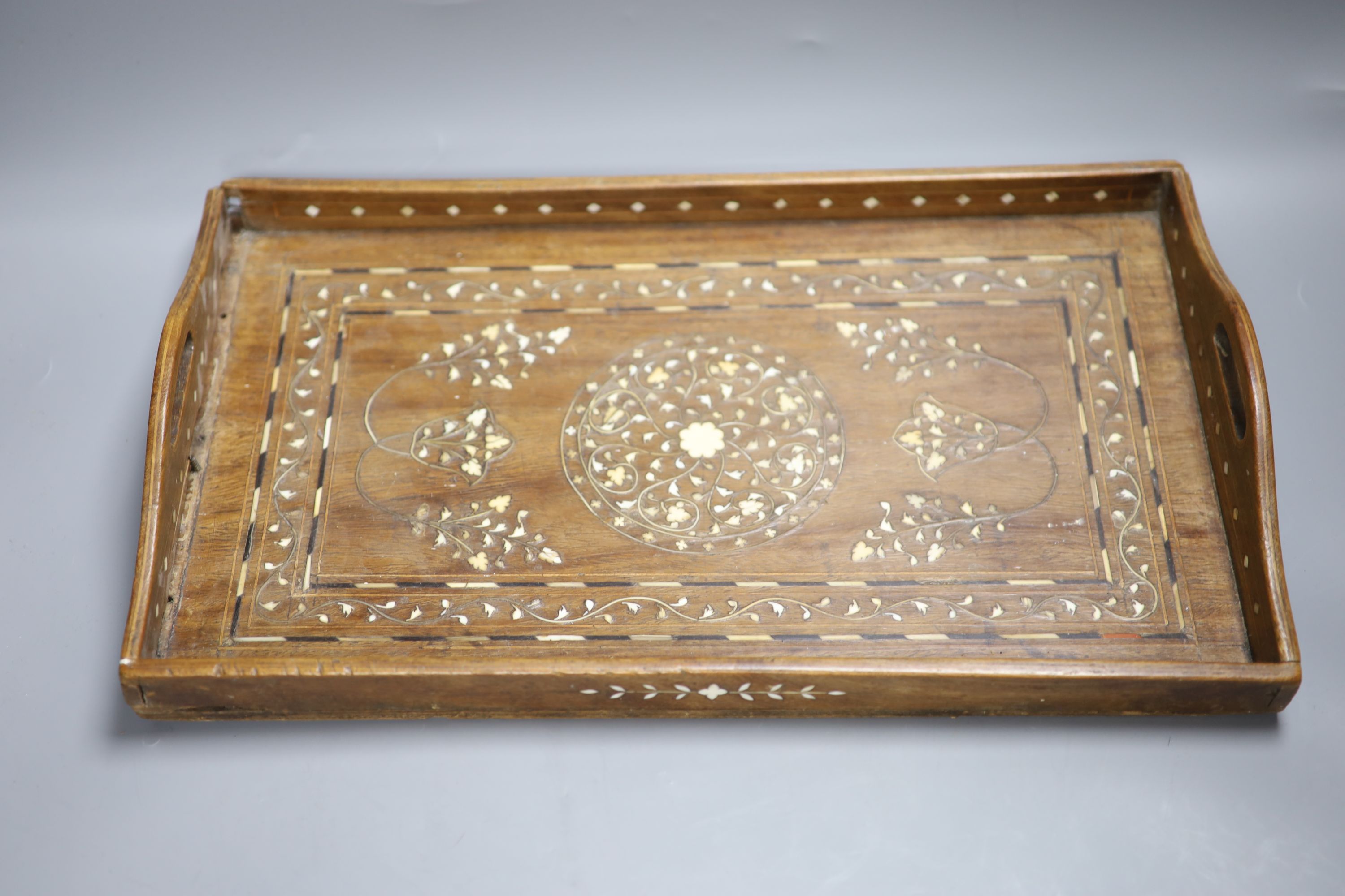 A Victorian eagle surmounted wooden columned table thermometer and an ornate inlaid tray, length 46.5cm